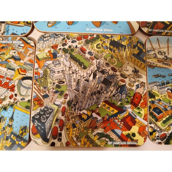 6 Hartwig Braun Cork Backed Coasters, Paris Grane Roue Millinuem Dome Big Ben - Picture 3 of 9